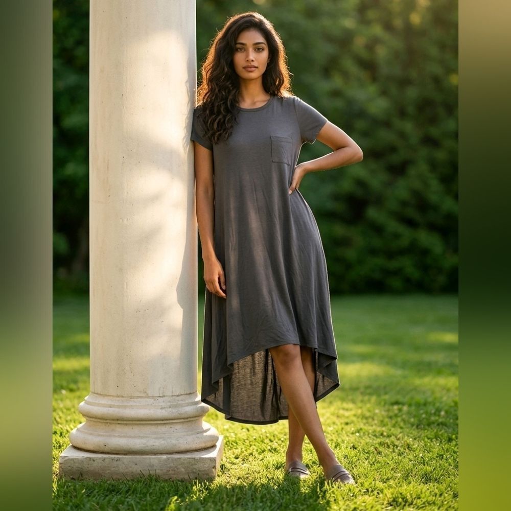 LuLaRoe Carly S Gray Swing T Shirt Dress Hi Low Pocket Midi Minimalist NWOT